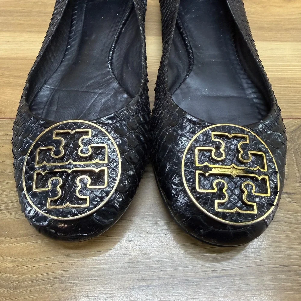 Tory Burch Reva Flats Black Womens 9 M Black Snake Embossed Gold Logo Office